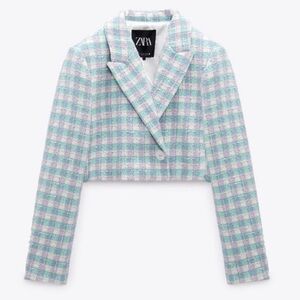 Zara Women's Checkered Cropped Blazer - Blue and Lavender